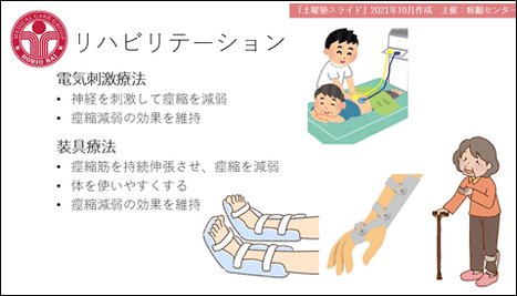 電気刺激療法と装具療法の説明図。電気刺激の機器を用いる場面と、短下肢装具や手の装具を装着したイラスト