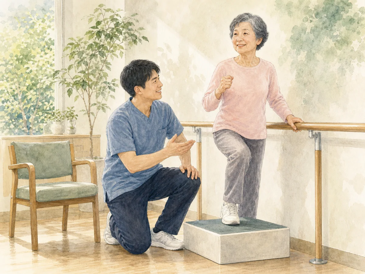 転倒予防の運動に取り組む方と療法士を描いたイメージイラスト