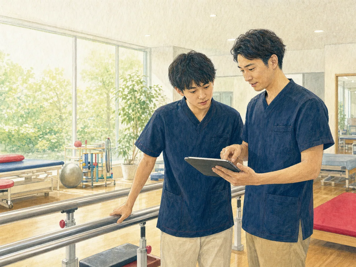 先輩療法士と一緒に学ぶ新人理学療法士を描いたイメージイラスト