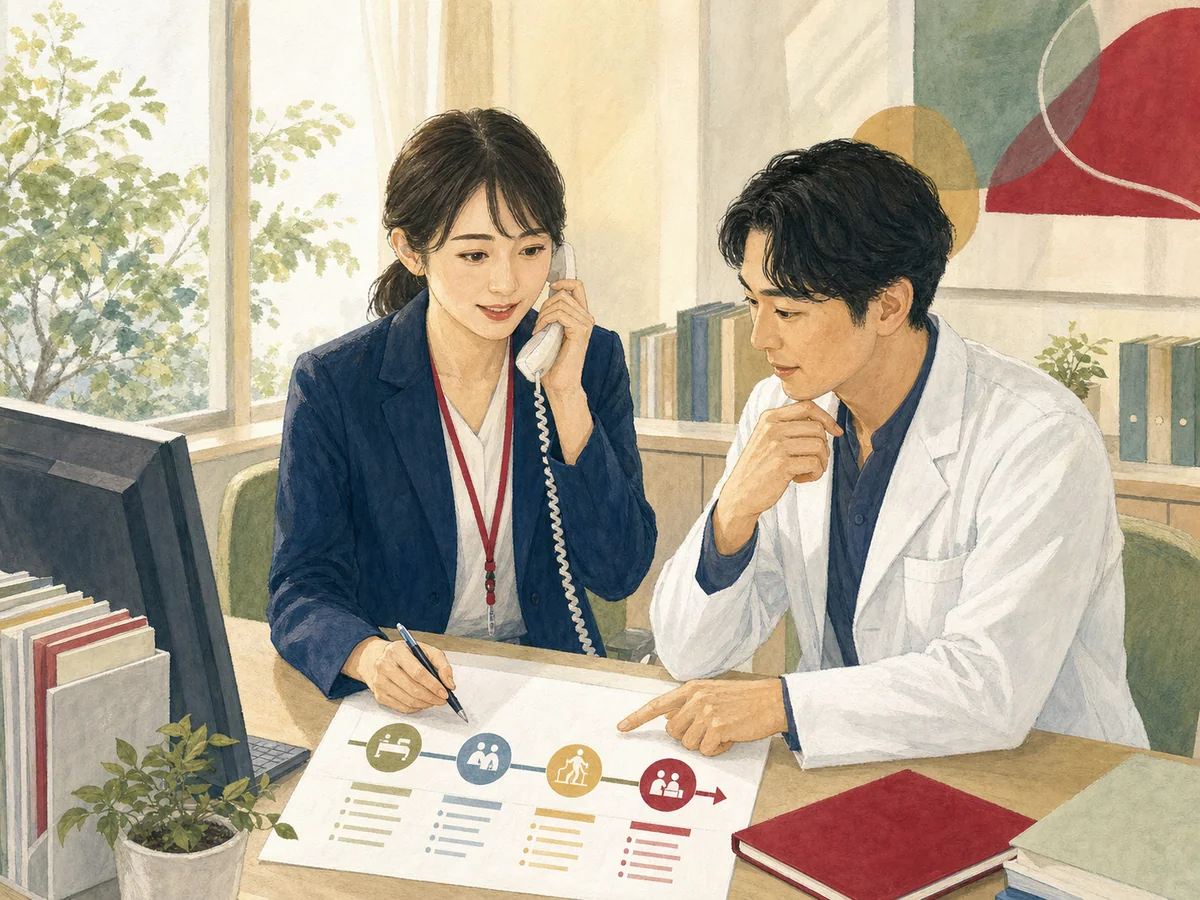 紹介元医療機関と連携するスタッフを描いたイメージイラスト