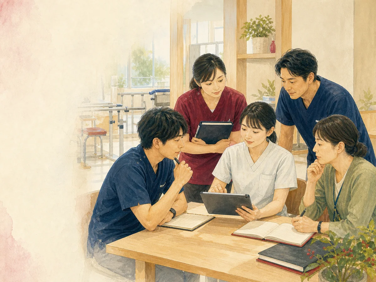 多職種のスタッフが学び合う様子を描いたイメージイラスト